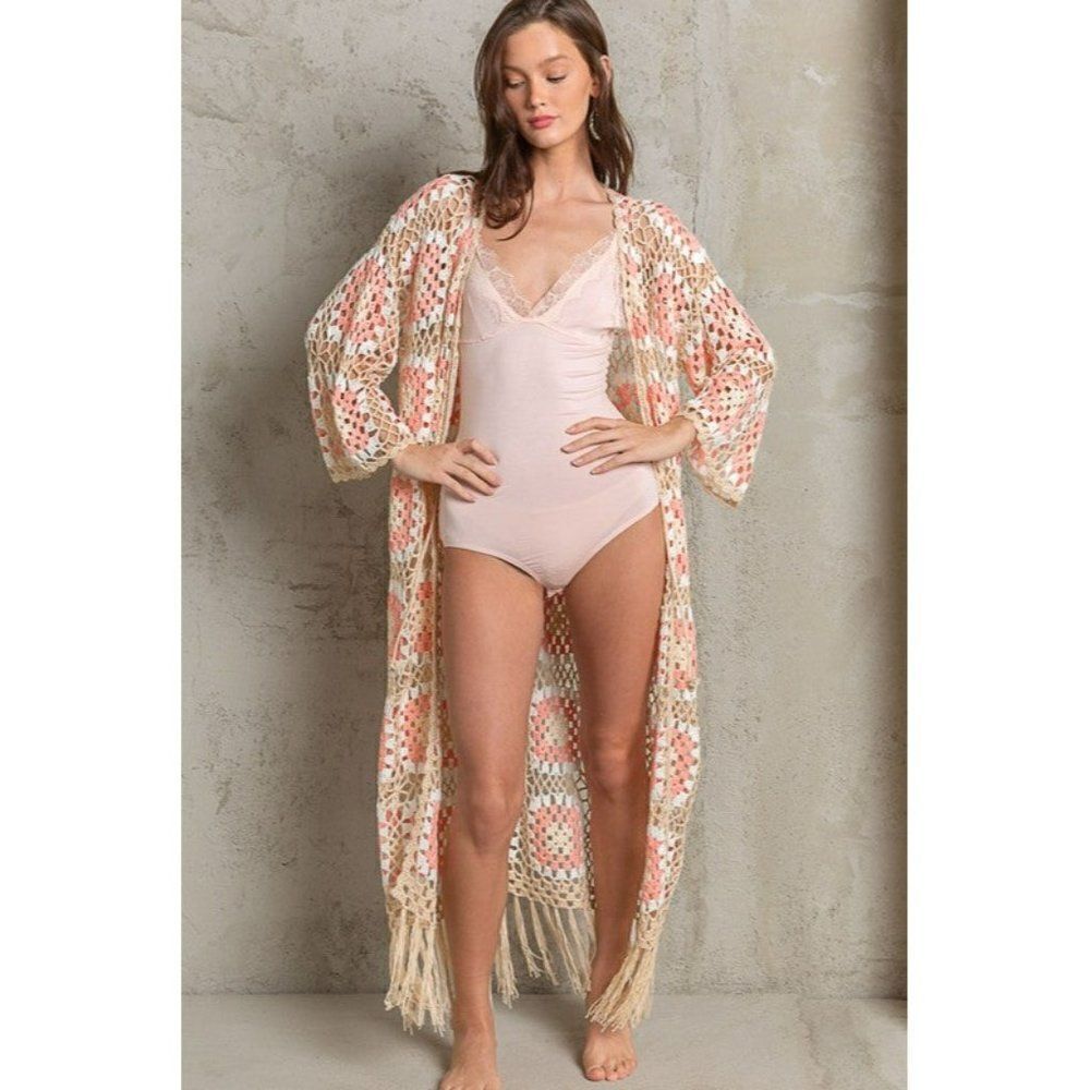POL Kauai Crochet Long Tie Cardigan in Blush Beige FST317A - Picture 5 of 8